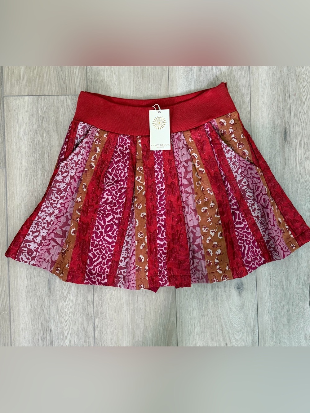 Ramy Brook Red, Pink & Brown Mixed-Print Pleated Skirt